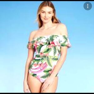 Kona Sol Tropical Ruffle One Piece Swimsuit Off Shoulder Size S NWT
